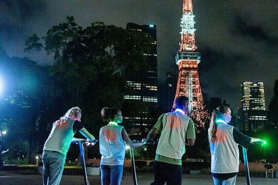 Night E-Scooter Ride to Tokyo Tower - No License Needed - Minato City after sunset