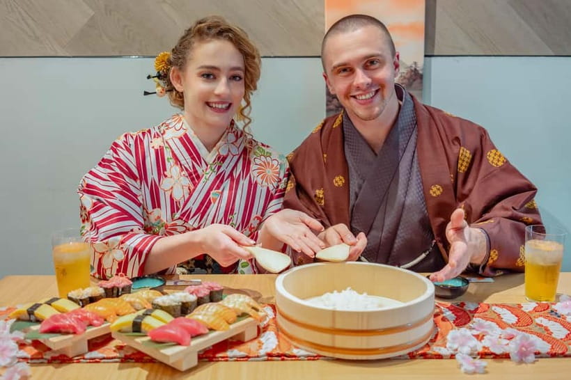 Osaka Dotonbori: Sushi Making Experience - Adding neta, wasabi, and the finished pieces