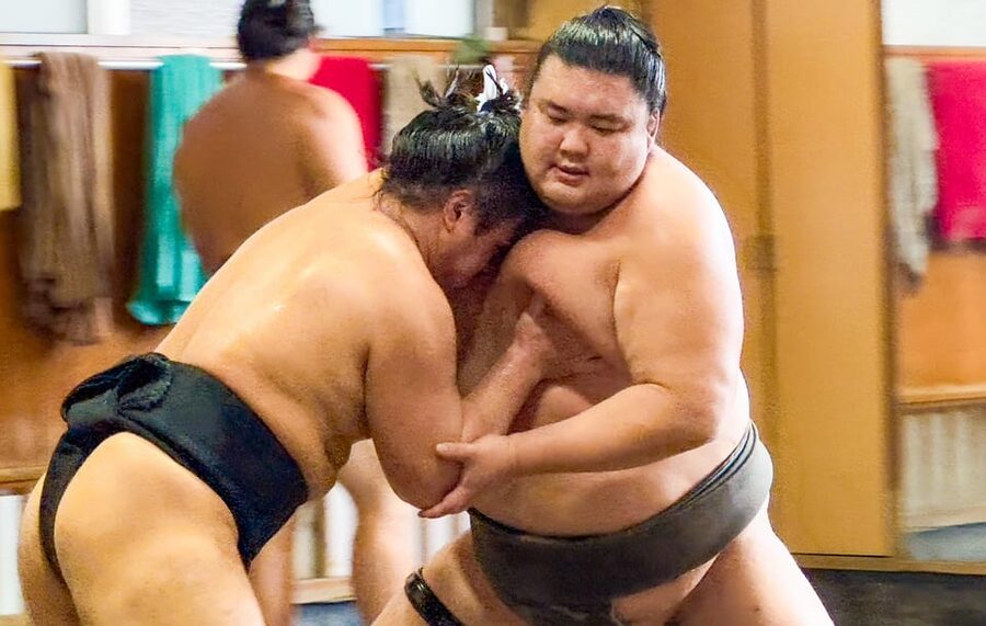Tokyo: Sumo Morning Practice with journalists. Not fake show - Why a practice session can beat a tournament